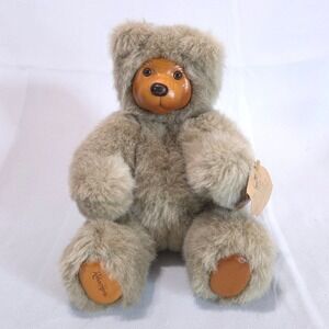 Vtg Robert Raikes 1989 Wooden Face Teddy Bear Plush Brown 11in Collectible Toy